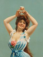 Gravure d'une femme joyeuse avec un verre de bière au-dessus de sa tête