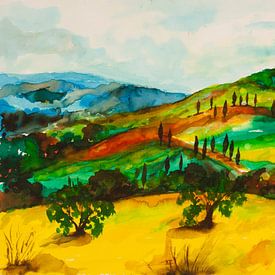 Tuscan landscape painted with watercolour. by Ineke de Rijk