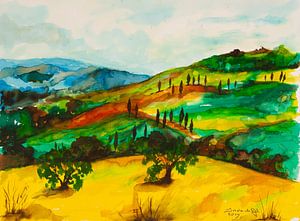 Mit Aquarellfarben gemalte toskanische Landschaft.