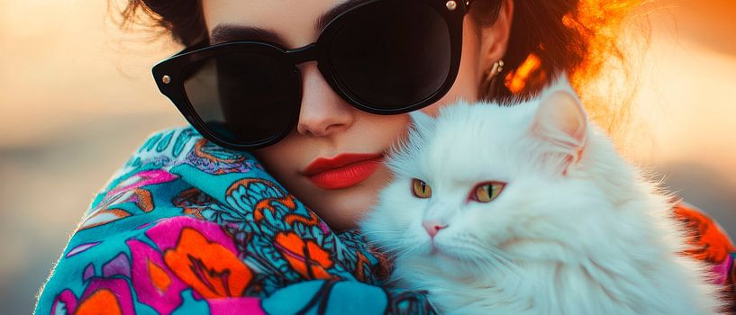 Frau mit Katze in bunter Umarmung von Poster Art Shop