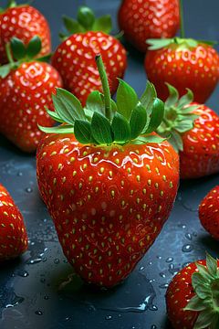Close-up van sappige rode aardbeien met waterdruppels van Art & Soul Creations