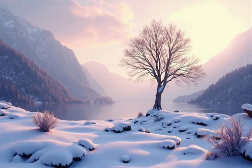 Snow-Covered Lakeshore with Leafless Tree and Mountains at Sunri
