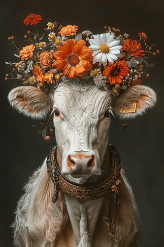 Floral decorations and farmyard idyll: a cow with a wreath of flowers as the epitome of rural beauty