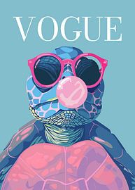 Stilvolle Schildkröte mit Sonnenbrille, die rosa Kaugummi bläst – Vogue-Poster von Cross