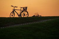 Fahrrad auf Deich gegen untergehende Sonne