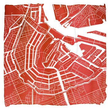 Amsterdam Grachtengordel | Stadskaart Rood | Vierkant met Witte kader