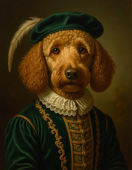 Porträt eines goldenen Labradoodles im Renaissance-Stil – elegantes Tierporträt für das Wohnzimmer