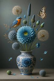 Blaue Gelassenheit - Delfter Blau Stillleben mit Vogel von Kleurenrijk