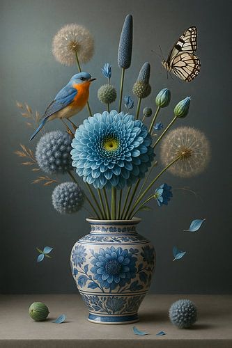 Blauwe Sereniteit – Delfts Blauw Stilleven met Vogel