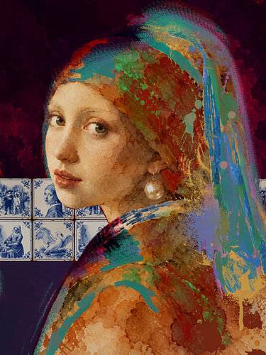 Girl with a Pearl Earring | Urban graffiti featuring Delft blue tiles