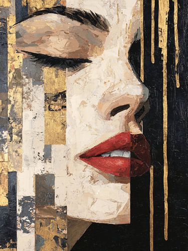 Zusammenfassung: Porträt mit roten Lippen und Gold – Moderne Luxuskunst