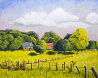 Painting on canvas French landscape with houses and meadows