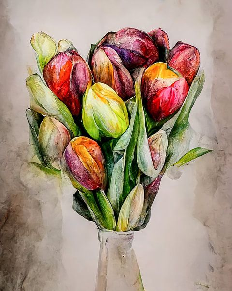 Bunch of tulips in watercolor style by Bert Nijholt