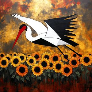 Abstrakter Storch in einem Feld von Sonnenblumen