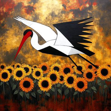 Abstrakter Storch in einem Feld von Sonnenblumen von Karina Brouwer