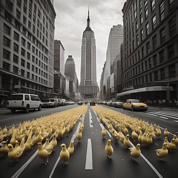 Yellow chicks march through New York by Gert-Jan Siesling