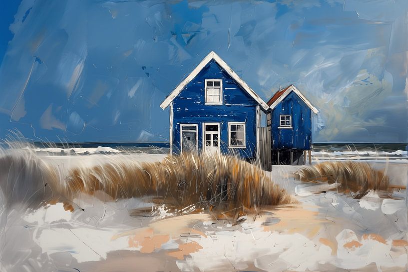 Blauwe strandhuisjes van Koffie Zwart
