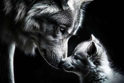 Wolf en puppy in zwart-wit