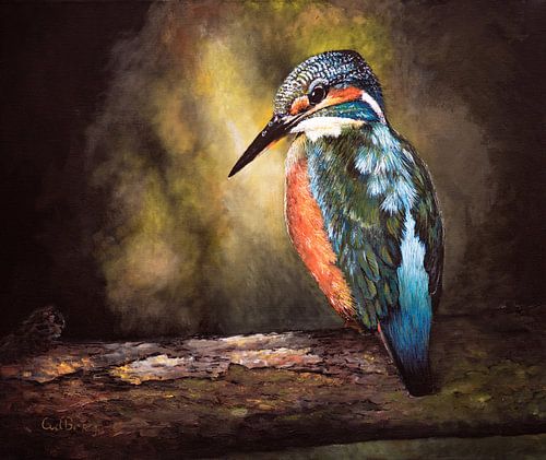 Ijsvogel op een tak schilderij Olieverf