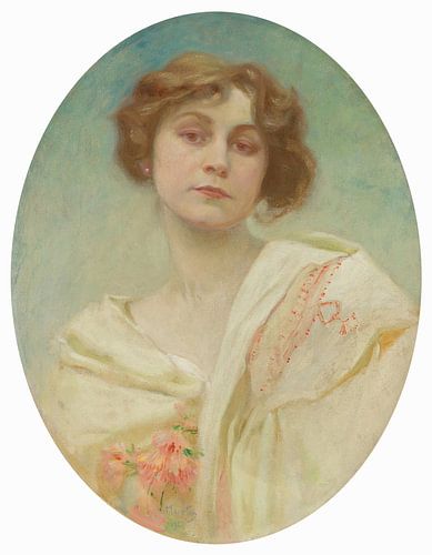 Portret van een jonge vrouw in klederdracht (1921) door Alphonse Mucha