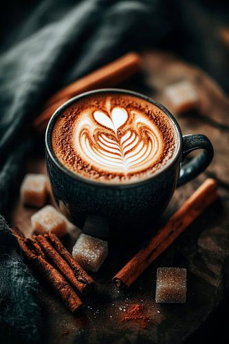 Koffiekopje met latte en kaneelstokjes