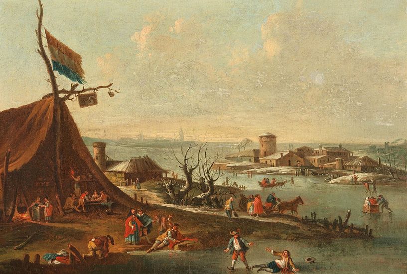 A winter harbour scene with ice-skaters, Pieter Bout by Masterful Masters