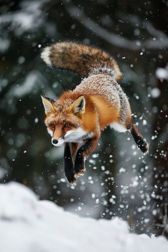 Springende vos in de sneeuw