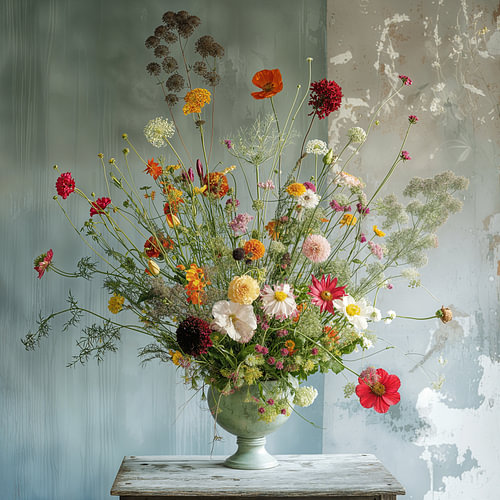 Wilder Blumenstrauß in einer antiken Vase