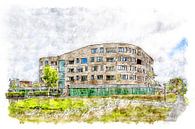 Woonzorgcomplex Borrendamme in Zierikzee (aquarel) van Art by Jeronimo thumbnail