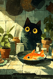 Un chat noir avec un poisson rouge dans la cuisine sur Erika Kaisersot