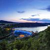 Panorama Edersee dam wall and village with blue illuminated dam wall at the blue hour by Frank Herrmann