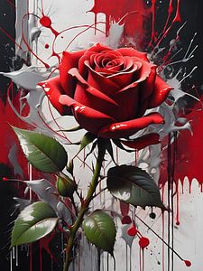 Rose rouge foncé entourée d'éclaboussures de peinture dynamiques