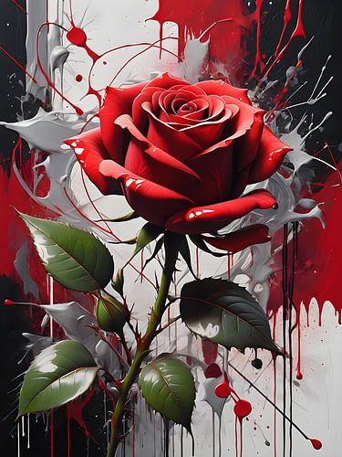 Dieprode roos omringd door dynamische verfspatten