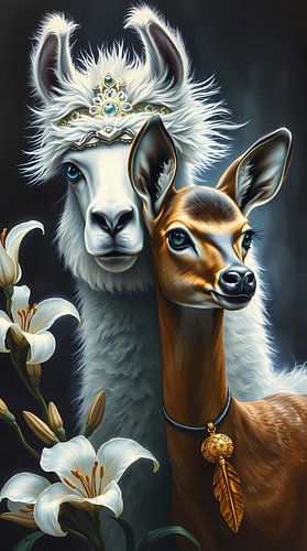 Alpaca and fawn in love