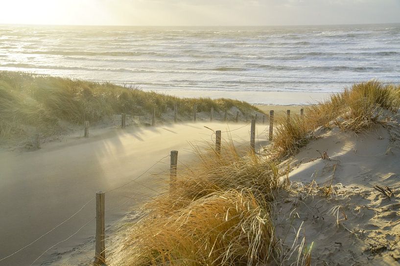 Strand, zee en zon op een stormachtige avond! van Dirk van Egmond