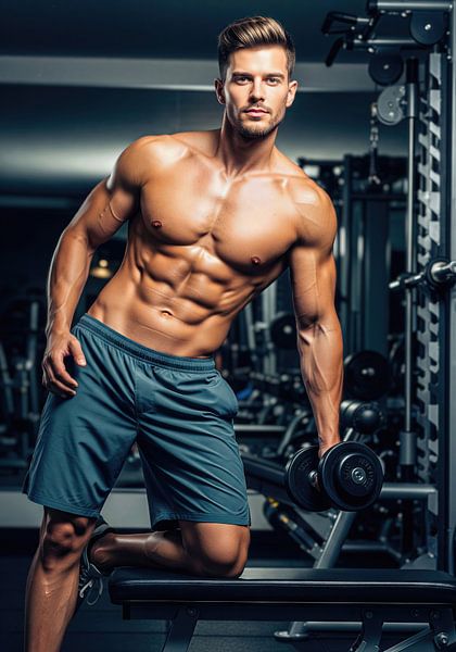 Man met halter knielend op bank in sportschool van Markus Gann