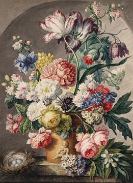 Still life with flowers in a pot, Oswal wines, Oswald by Teylers Museum