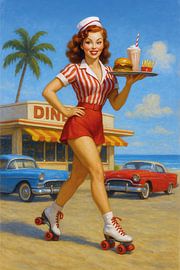 Pin-up girl on roller skates painting. by Gallery Hoppenbrouwers