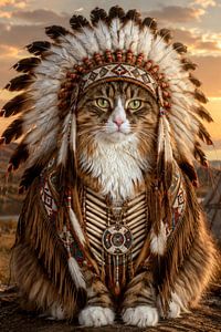 Stoere Maine Coon Kat als Indiaans Stamhoofd met Verentooi