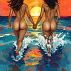 Couple d'amoureux main dans la main vers l'horizon - Deux femmes dans l'éclat du soleil couchant, unies dans un océan de lumière, de liberté et de tendresse sur AidasignArt