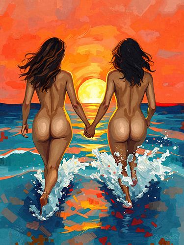 Couple d'amoureux main dans la main vers l'horizon - Deux femmes dans l'éclat du soleil couchant, unies dans un océan de lumière, de liberté et de tendresse sur AidasignArt