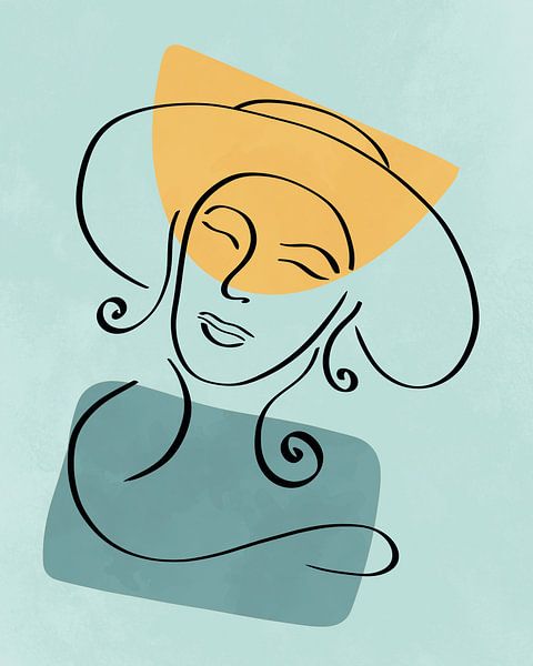 Line art of a woman with hat with two organic shapes in yellow and blue by Tanja Udelhofen