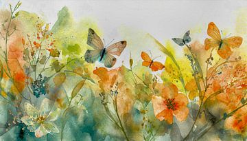 Aquarel van bloemen en vlinders in het gras van Pieternel Fotografie en Digitale kunst