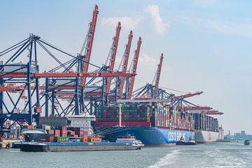 Twee grote containerschepen afgemeerd in Yangtzekanaal. van Jaap van den Berg