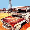 een amerikaans autowrak in de woestijn mixed media van Werner Lehmann