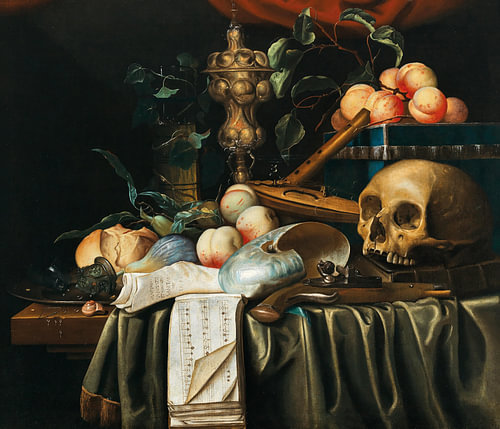 Een vanitas-stilleven met fruit, een vergulde bokaal, een partituur, een schelp en een schedel, Jori
