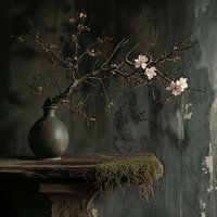 Quadratisches Stilleben mit einer Vase mit Blüte und einem Holztisch mit Moos