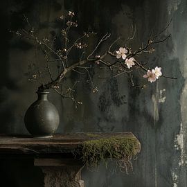 Quadratisches Stilleben mit einer Vase mit Blüte und einem Holztisch mit Moos