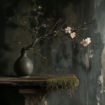 Square still life with a vase with blossom and a wood table with moss by Digitale Schilderijen