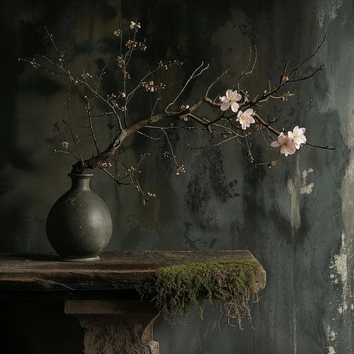 Vierkant stilleven met een vaast met bloesem en een houtentafel met mos